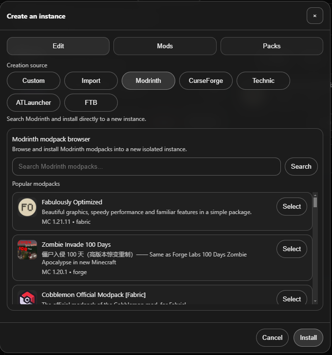 Create instance from Modrinth preview